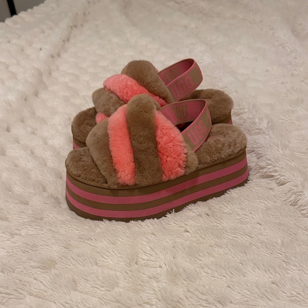 UGG Disco Stripe Chestnut/Pink Platform Slippers - NEW!